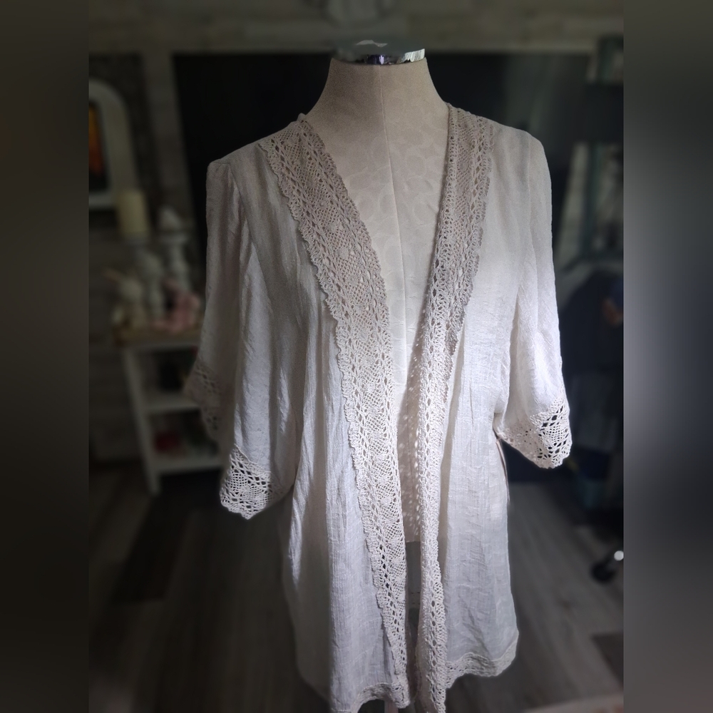 Indigo RosevCrochet Trim Open Front Cardigan - Light Beige One Size Nwt